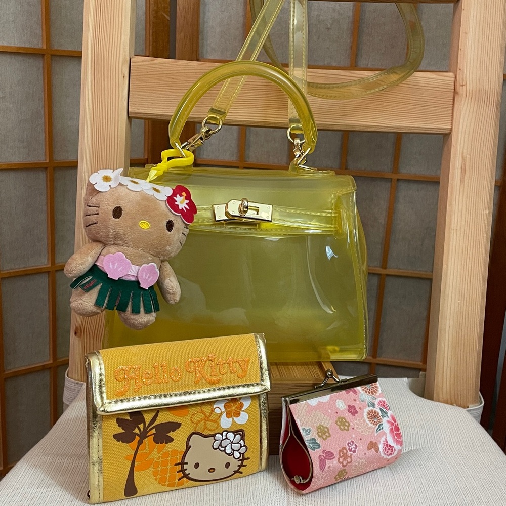 Missguided Mini Yellow Jelly Bag, Coin Purse, Hello Kitty Wallet & Plush Charm